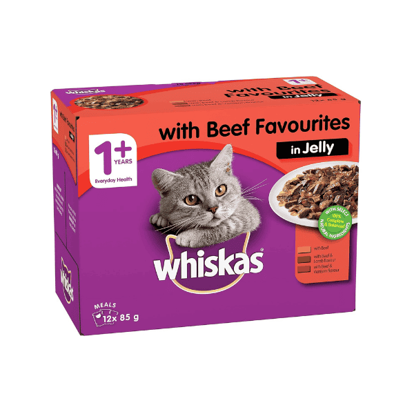 WHISKAS 1+ Years Wet Cat Food Beef Favorites in Jelly 12 x 85g