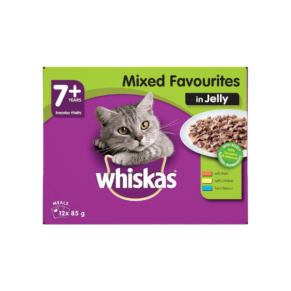 WHISKAS 7+ Years Mixed Favourites in Jelly Wet Cat Food 60 Pouches 5 Packs of 12 x 85g