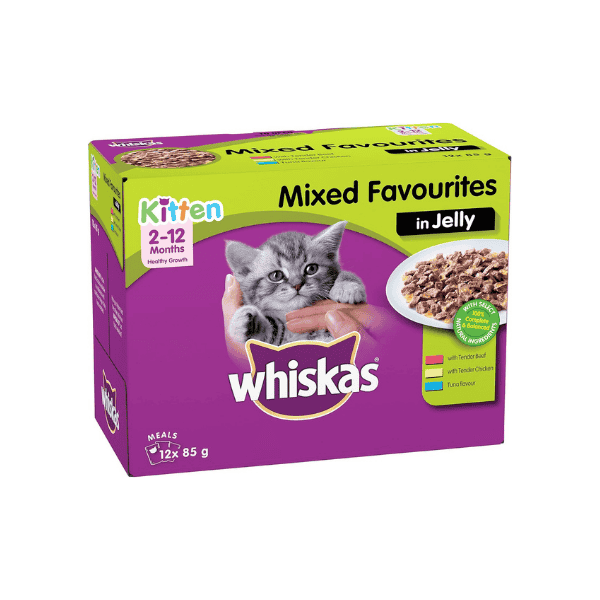 WHISKAS Kitten Wet Food for 2-12 Months Mixed Favourites in Jelly 60 Pouches 5 Packs