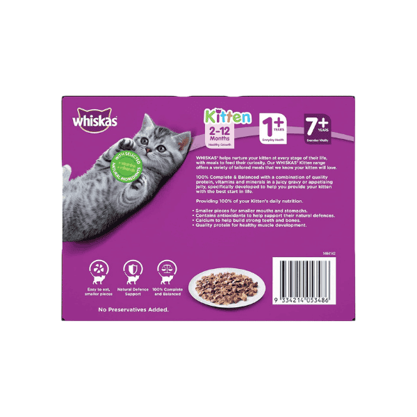 WHISKAS Kitten Wet Food for 2-12 Months Mixed Favourites in Jelly 60 Pouches 5 Packs