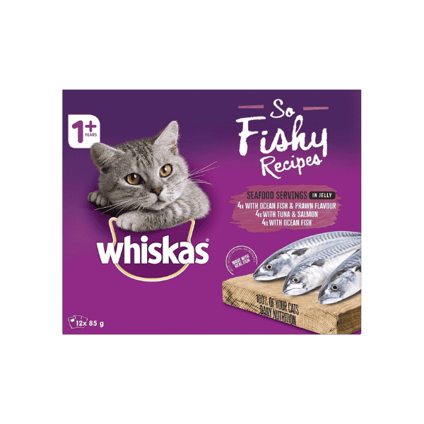 WHISKAS So Fishy Recipes Seafood in Jelly Wet Cat Food 12 x 85g 60 Pouches for 1+ Years