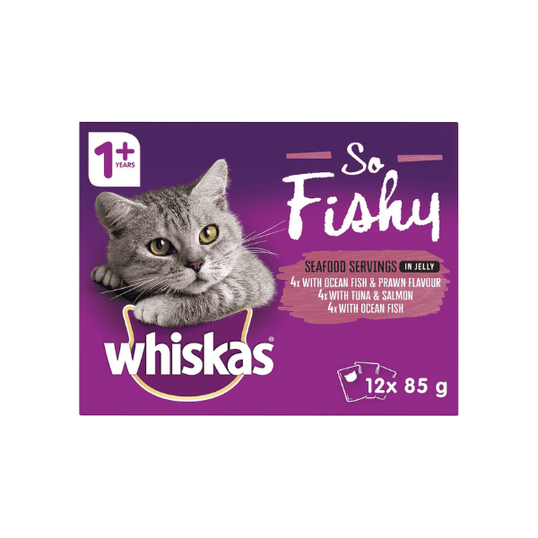 WHISKAS So Fishy Recipes Seafood in Jelly Wet Cat Food 12 x 85g 60 Pouches for 1+ Years