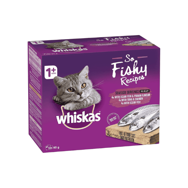 WHISKAS So Fishy Recipes Seafood in Jelly Wet Cat Food 12 x 85g 60 Pouches for 1+ Years