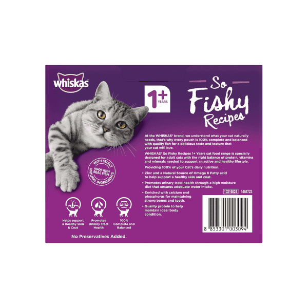 WHISKAS So Fishy Recipes Seafood in Jelly Wet Cat Food 12 x 85g 60 Pouches for 1+ Years