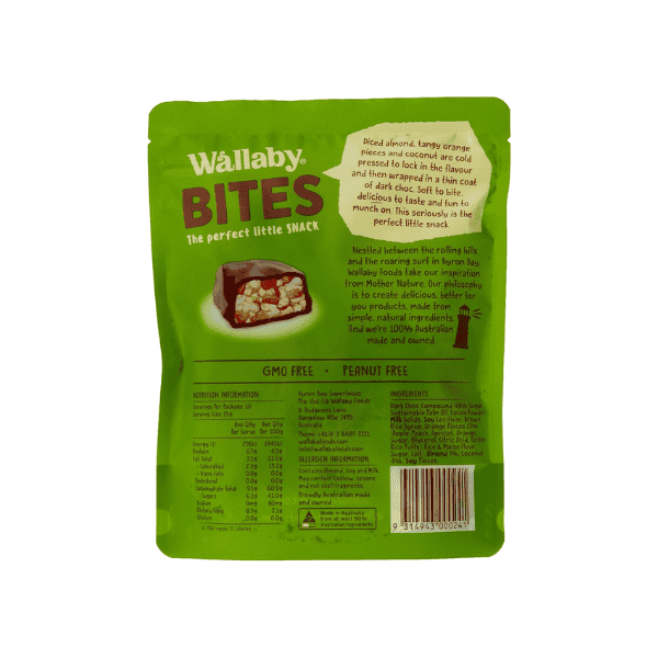 Wallaby Bites Orange Almond Coconut Dark Chocolate 150g Nutty & Decadent Chocolate Snack