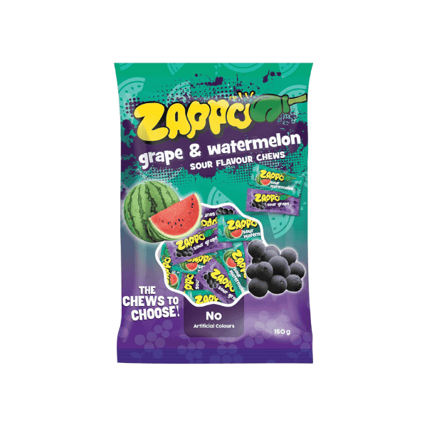 ZAPPO Grape & Watermelon Sour Flavour Chews A 150g Taste Sensation