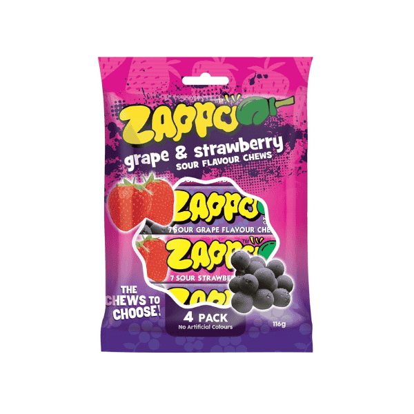 ZAPPO Sour Grape & Strawberry Chews 116g 4 Pack for Candy Lovers