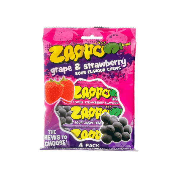 ZAPPO Sour Grape & Strawberry Chews 116g 4 Pack for Candy Lovers